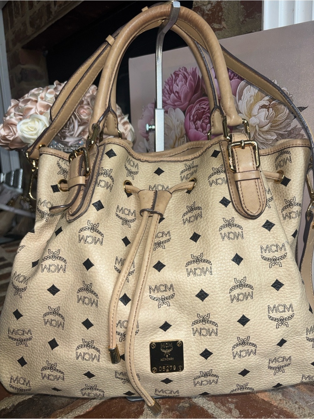 MCM Beige Leather Drawstring Tote with Branded Interior